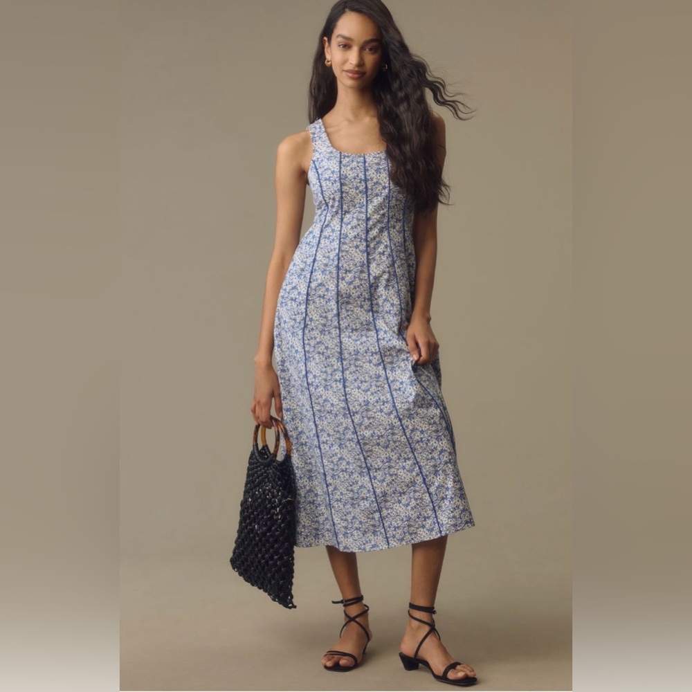 NWT ATSU White and Blue Floral Midi Scoopneck Dress (100% Cotton)